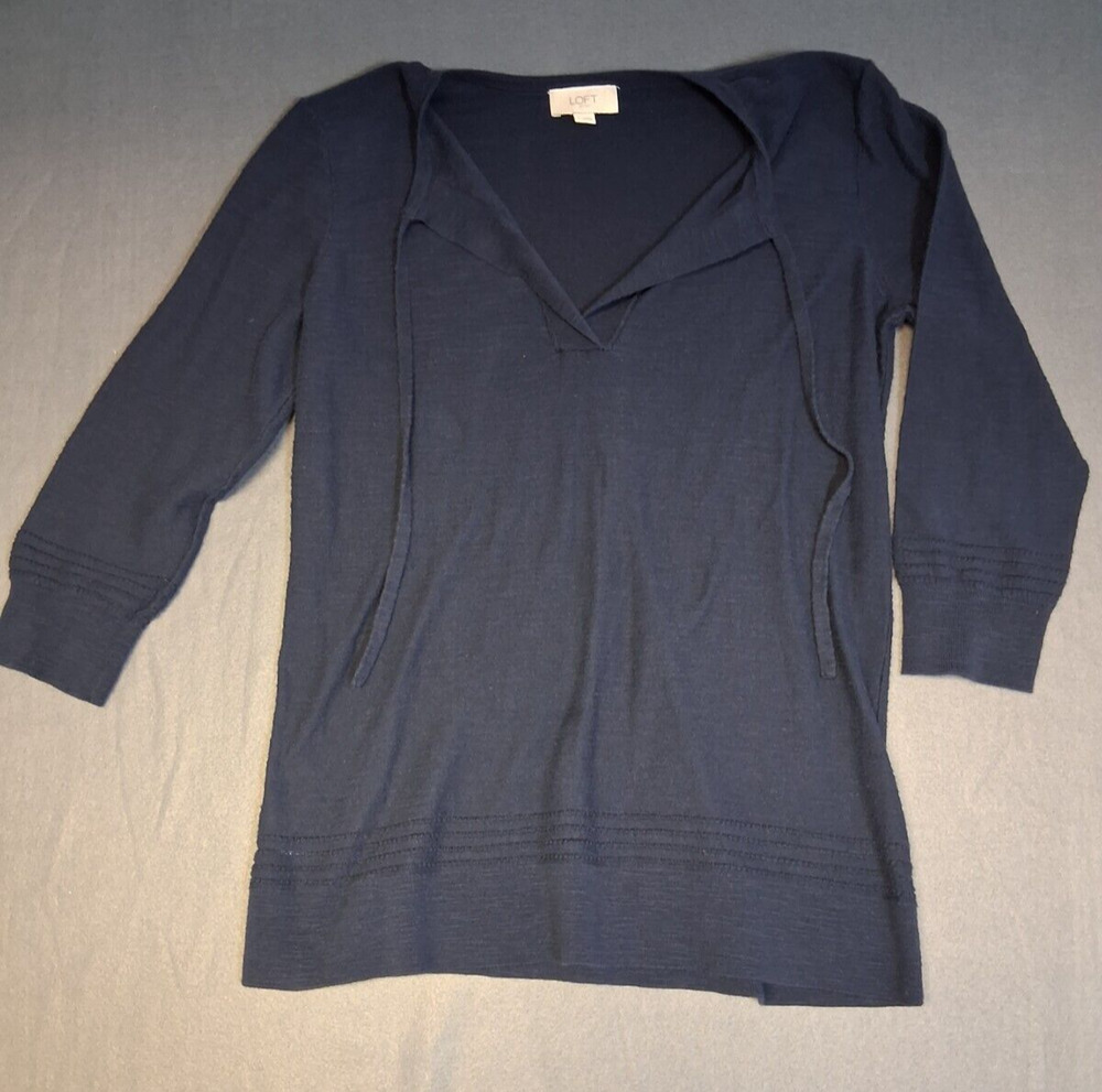 Loft Outlet Top Stretch Long Sleeve Tie Neck Knit Solid Navy Womens Size Small